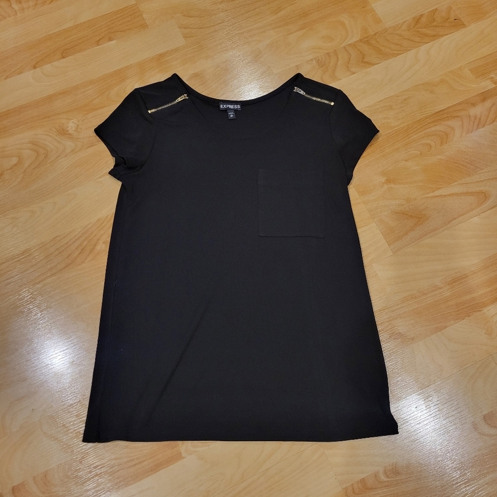 Express Black Women's Short Sleeve Top Gold Zippers Size Small